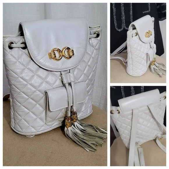 Quilted LEATHER Backpack with Gold Accents - Picture 4 of 10